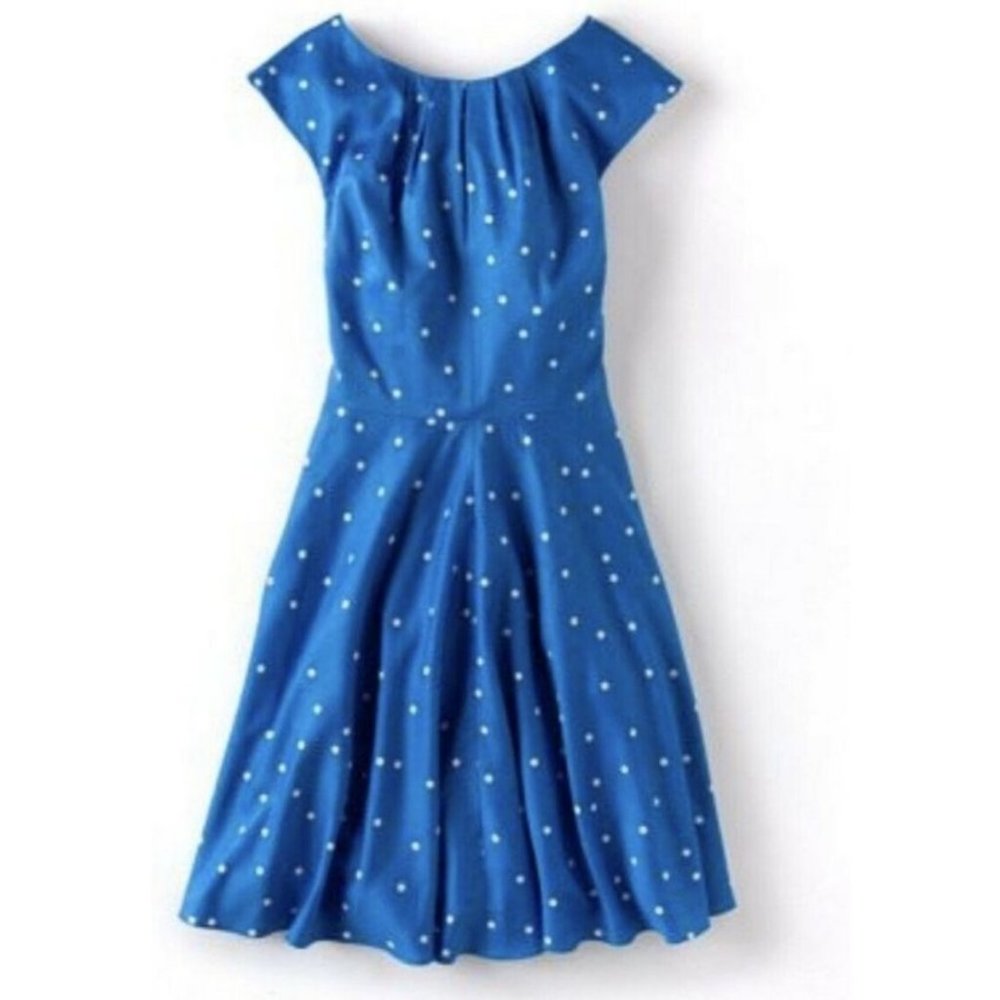 Boden Flowershow Dress Royal Blue Polka Dot 8L 8 Midi 50s Cotton